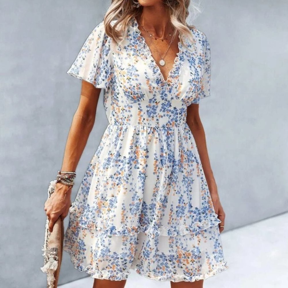 Boho Floral Print Frill Trim Dress cream Cottagecore